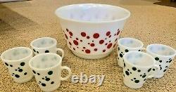 Vintage Hazel Atlas red & green polka dot punch bowl set 6 cups Rare