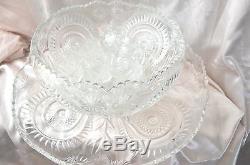 Vintage Heavy Pressed Glass Punch Bowl & Under Plate 12 Glass Cups