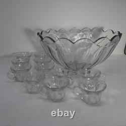 Vintage Heisey Clear Glass Punch Bowl Set 11 Cups Scalloped Bowl USA