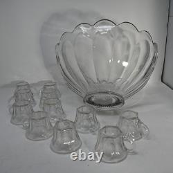 Vintage Heisey Clear Glass Punch Bowl Set 11 Cups Scalloped Bowl USA