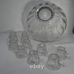 Vintage Heisey Clear Glass Punch Bowl Set 11 Cups Scalloped Bowl USA