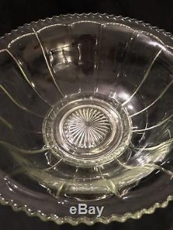 Vintage Heisey Glass Punch Bowl Scalloped Edge withStand & 16 Cups See Pics