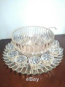 Vintage Heisey Large Ribbed Glass Punch Bowl Set Underplate 12 Cups Glass Ladle