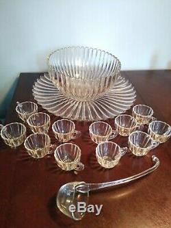 Vintage Heisey Large Ribbed Glass Punch Bowl Set Underplate 12 Cups Glass Ladle