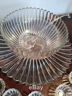 Vintage Heisey Large Ribbed Glass Punch Bowl Set Underplate 12 Cups Glass Ladle