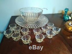 Vintage Heisey Large Ribbed Glass Punch Bowl Set Underplate 12 Cups Glass Ladle