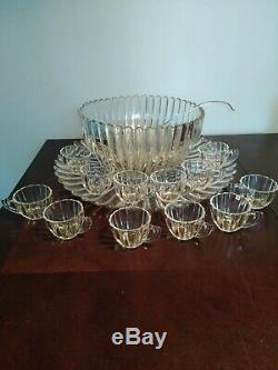 Vintage Heisey Large Ribbed Glass Punch Bowl Set Underplate 12 Cups Glass Ladle