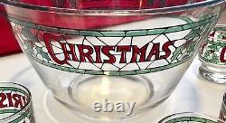 Vintage Houze Cera Merry Christmas Holly Stain Glass Punch Bowl Set