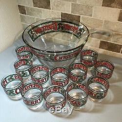 Vintage Houze Cera Merry Christmas Holly Stained Glass Punch Bowl & 12 Glass Set