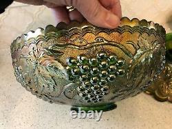 Vintage IMPERIAL Green Carnival Glass Pedestal Punch Bowl Set with 12 Cups GRAPES