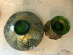 Vintage IMPERIAL Green Carnival Glass Pedestal Punch Bowl Set with 12 Cups GRAPES