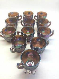 Vintage Imperial Amethyst Carnival Glass Heavy Grape Punch Bowl And 12 Cups