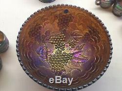 Vintage Imperial Amethyst Carnival Glass Heavy Grape Punch Bowl And 12 Cups