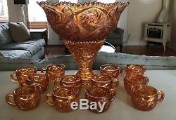 Vintage Imperial Carnival Glass 2 Piece Punch Bowl Set 12 Cups Exquisite