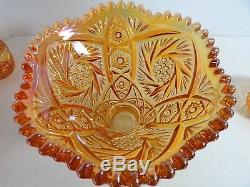 Vintage Imperial Carnival Glass 2 pc Punch Bowl Set 12 Cups Exquisite Marigold