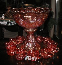 Vintage Imperial Carnival Glass Punch Bowl & 12 Handled Cups 13 3/4 14 Pieces