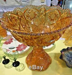 Vintage Imperial Carnival Marigold Glass Punch Bowl With Stand, Whirling Star