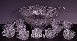 Vintage Imperial Glass 14 Piece Whirling Star Punch Bowl with 12 Cups and Ladle