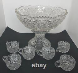 Vintage Imperial Glass Broken Arches EAPG Punch Bowl Set Pedestal Base & 6 cups