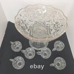 Vintage Imperial Glass Broken Arches EAPG Punch Bowl Set Pedestal Base & 6 cups