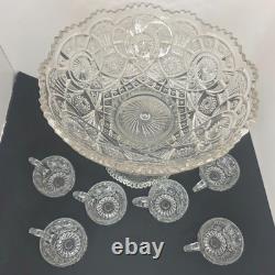 Vintage Imperial Glass Broken Arches EAPG Punch Bowl Set Pedestal Base & 6 cups