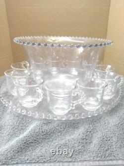Vintage Imperial Glass Candlewick Punch Bowl Set Clear Beaded Underplate 11 Cups