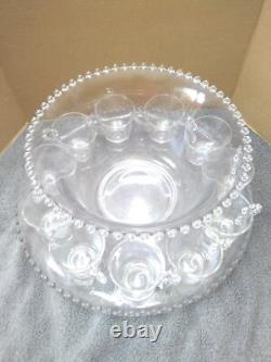 Vintage Imperial Glass Candlewick Punch Bowl Set Clear Beaded Underplate 11 Cups