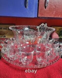 Vintage Imperial Glass Candlewick Punch Bowl Underplate 12 Cups Ball Knob