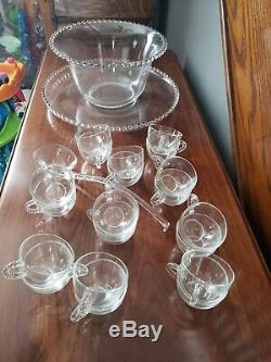 Vintage Imperial Glass Candlewick Punch Bowl, under plate, ladle and 20 cups