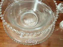Vintage Imperial Glass Candlewick Punch Bowl, under plate, ladle and 20 cups