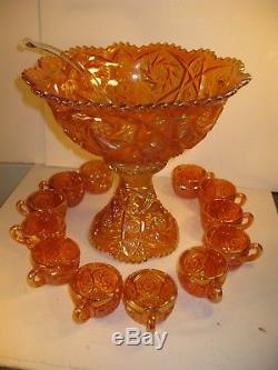 Vintage Imperial Glass Carnival Glass Punch Bowl Set Base & 12 Cups Marigold