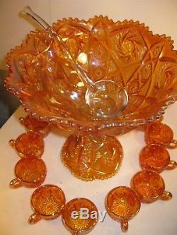 Vintage Imperial Glass Carnival Glass Punch Bowl Set Base & 12 Cups Marigold