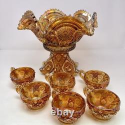 Vintage Imperial Glass Marigold Carnival Glass Punch Fruit Bowl Set w 6 Cups