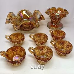 Vintage Imperial Glass Marigold Carnival Glass Punch Fruit Bowl Set w 6 Cups