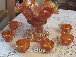 Vintage Imperial Glass Marigold Hobstar Punch Bowl 8 Pcs