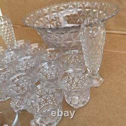 Vintage Imperial Glass Punch Bowl Set 16 Cups withLadle Scallop Edge Triangles