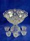 Vintage Imperial Glass Whirling Hobstar Clear Punch Bowl With Stand and 5 Cups
