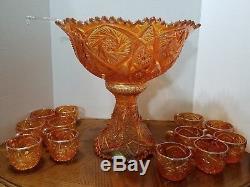 Vintage Imperial Glass Whirling Star Pedestal Punch Bowl 12 Cups Rubigold