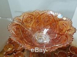 Vintage Imperial Glass Whirling Star Pedestal Punch Bowl 12 Cups Rubigold