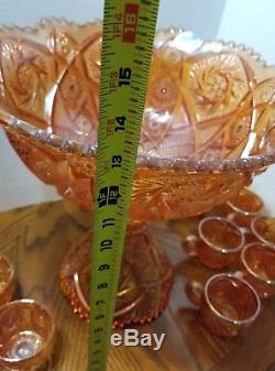 Vintage Imperial Glass Whirling Star Pedestal Punch Bowl 12 Cups Rubigold