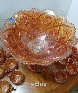 Vintage Imperial Glass Whirling Star Pedestal Punch Bowl 12 Cups Rubigold