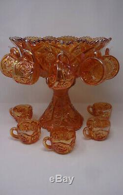 Vintage Imperial Marigold Carnival Glass Whirling Star 13 Piece Punch Bowl