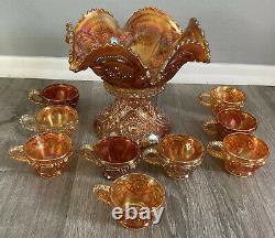 Vintage Imperial Style Punch Bowl, Base, & 9 Cups Orange Carnival Glass Marigold