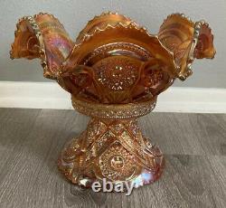 Vintage Imperial Style Punch Bowl, Base, & 9 Cups Orange Carnival Glass Marigold