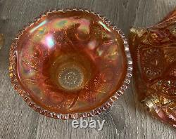 Vintage Imperial Style Punch Bowl, Base, & 9 Cups Orange Carnival Glass Marigold