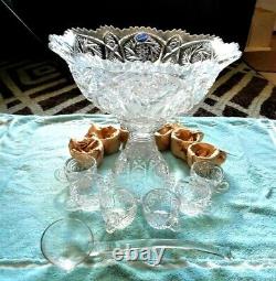 Vintage Imperial Whirling Star Hobstar, Cut Glass 15 pc Punch Bowl Set, NOS