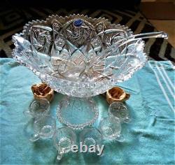Vintage Imperial Whirling Star Hobstar, Cut Glass 15 pc Punch Bowl Set, NOS