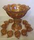 Vintage Imperial Whirling Star Marigold Carnival Glass Punch Bowl Complete Set