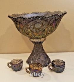 Vintage Imperial Whirling Star Smoke Peacock Carnival Glass Punch Bowl & 3 Cups