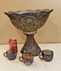 Vintage Imperial Whirling Star Smoke Peacock Carnival Glass Punch Bowl & 3 Cups